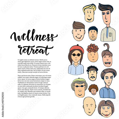 Doodle sketched people and lettering - Wellness retreat. Vector design banner, poster, brochure or cover