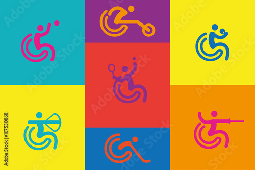 Disabled athletes.  7 vector icons.