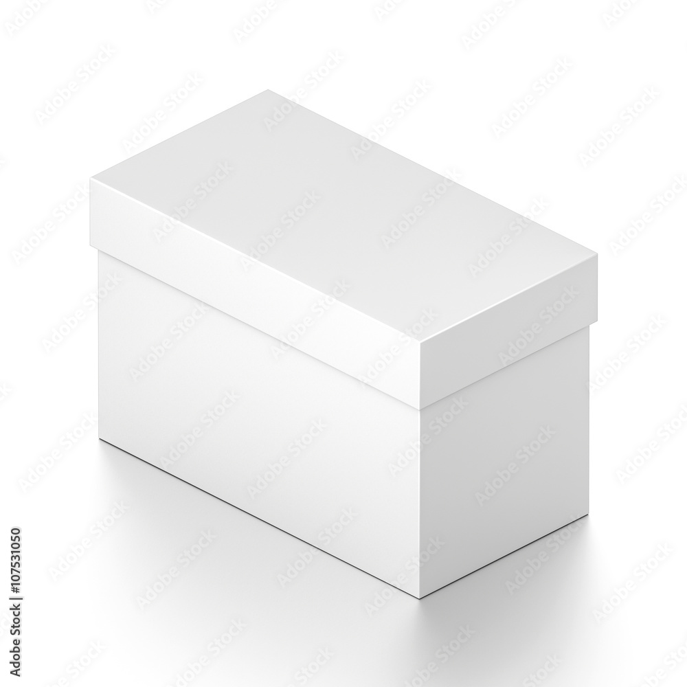 Isometric white rectangle blank box with cover isolated on white background. Isometric white rectangle blank box with cover isolated on white background.