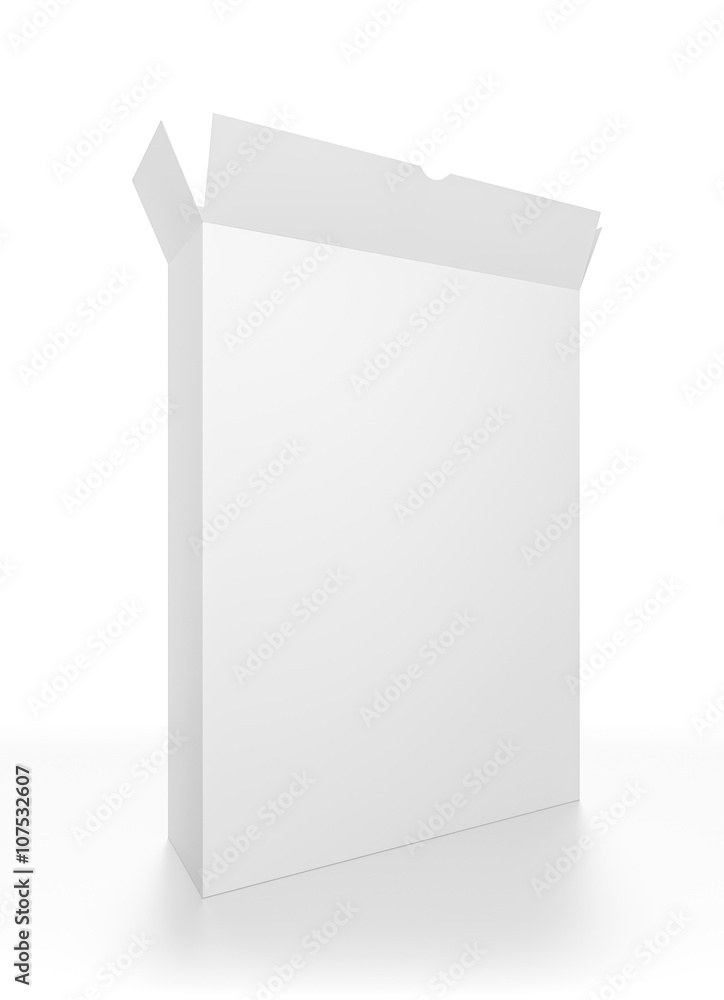 Naklejka premium Closeup open white tall rectangle blank box isolated on white background.