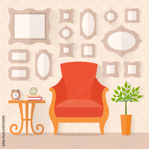 Living room with furniture and paintings on the wall. Flat style vector illustration. Interior design.