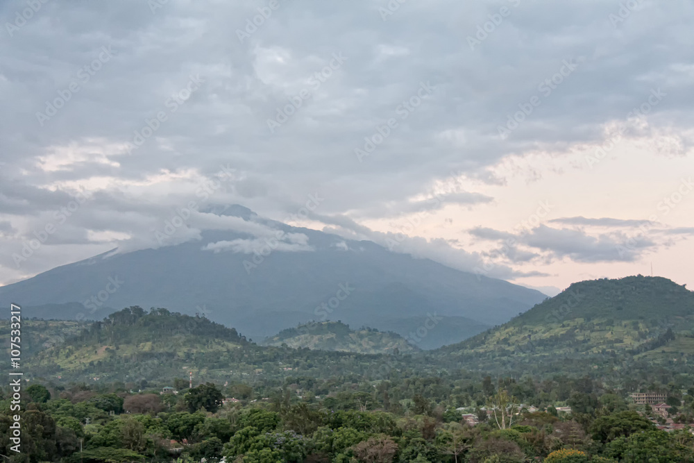 Mount Meru in clouds. Arusha, Tanzania.
