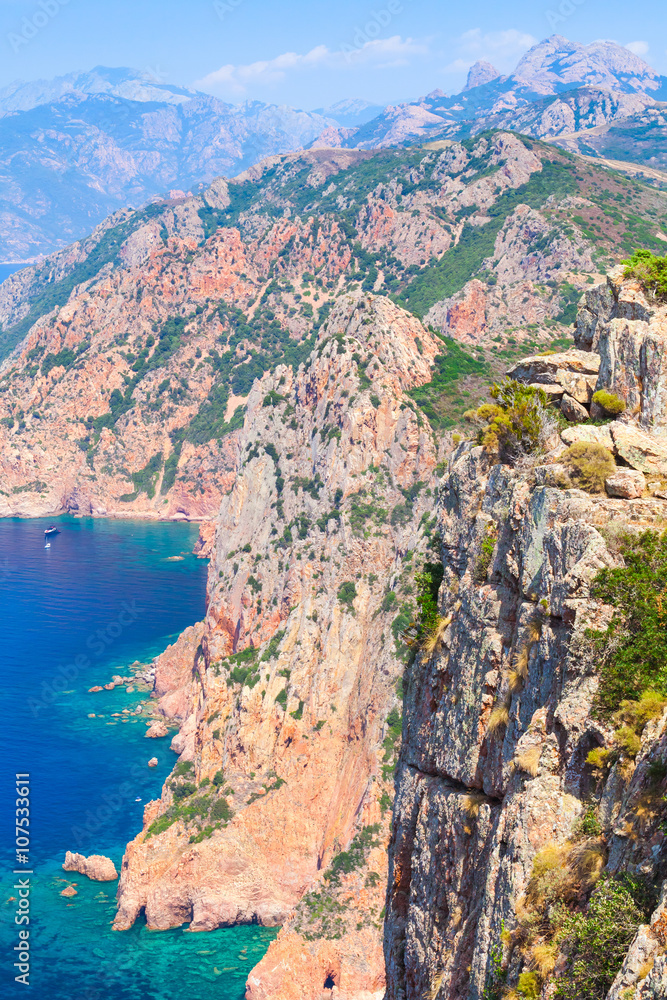  Vertical landscape of Corsica, rocks and sea