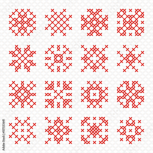 Set of geometric cross stitching element for embroidery design. Decorative blank for frames and patterns. Vector illustration. 
