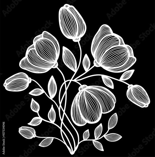 beautiful monochrome black and white flowers and leaves isolated.