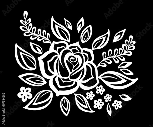 beautiful monochrome black and white flowers and leaves isolated.