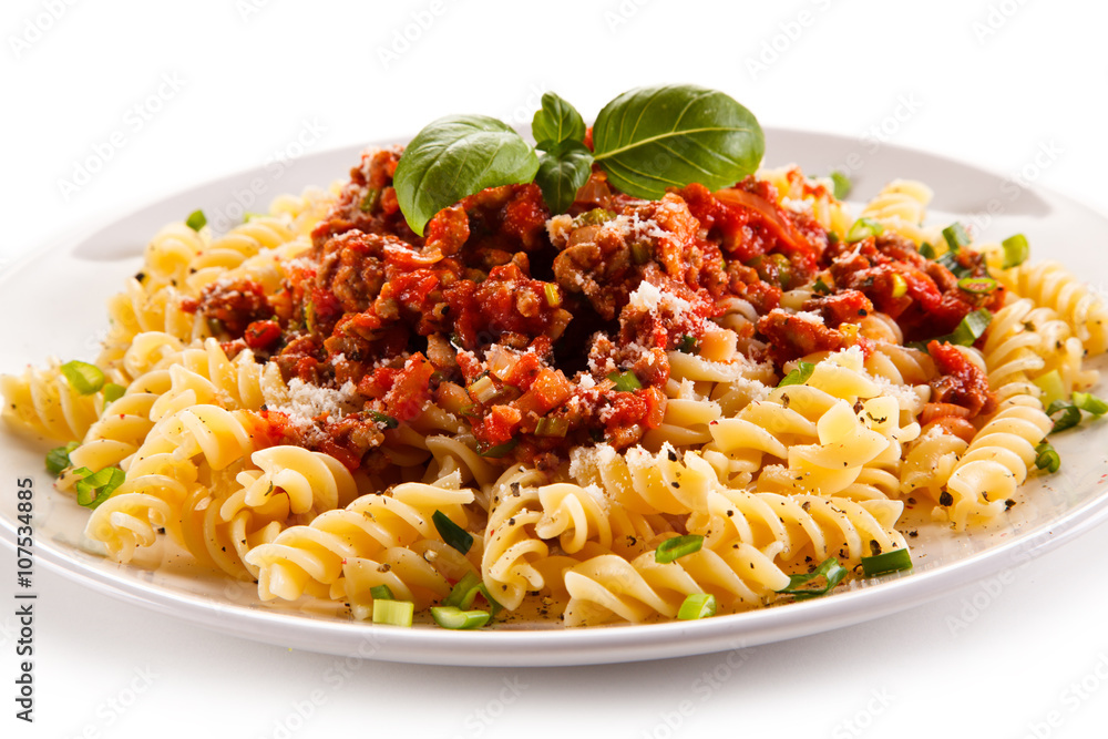 Pasta with meat, tomato sauce and vegetables Pasta with meat, tomato sauce and vegetables