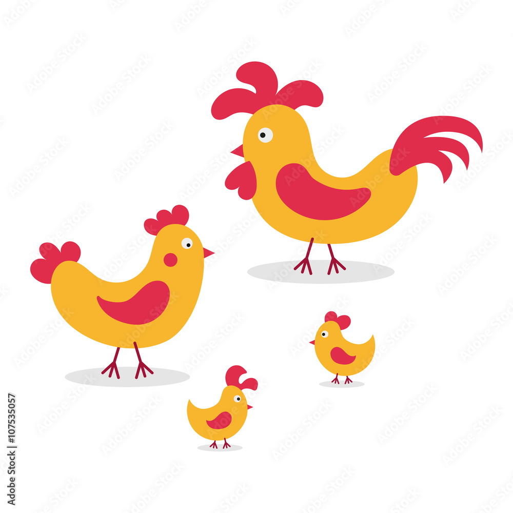 Chicken family. Cock, hen, and two chicks. Cartoon flat design. Chicken farm