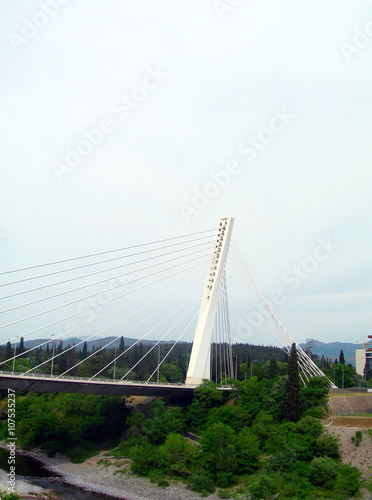 Millennium suspension Bridge over river Moraca Podgorica Montene