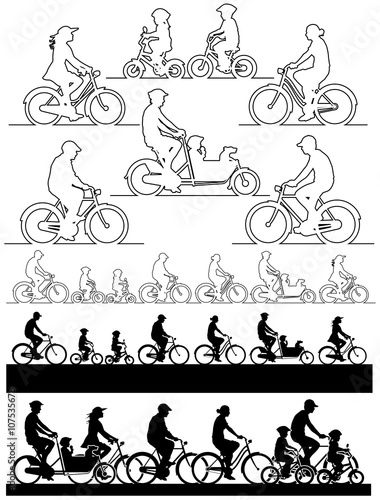 Vector silhouette outline of people who ride a bicycle