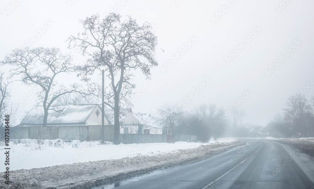 winter landscape of a countryside road with houses