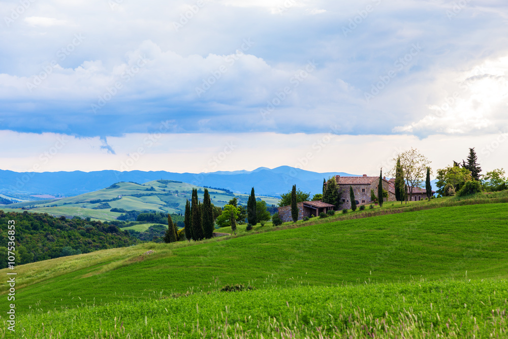 Tuscan landscape, fields and meadows near Volterra