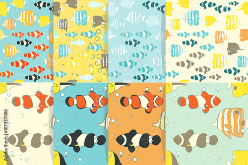 Set of Seamless patterns with marine fishes.
