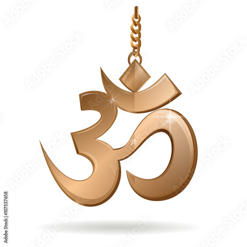 Golden glossy symbol Om (Aum) symbol on a gold chain. Sacred sou