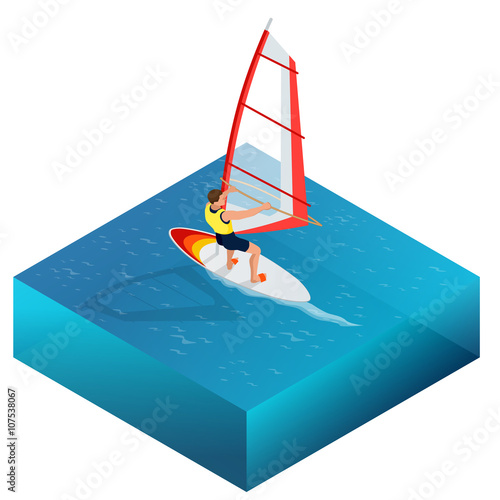 Windsurfing, Fun in the ocean, Extreme Sport, Windsurfing icon, Windsurfing flat 3d vector isometric illustration.