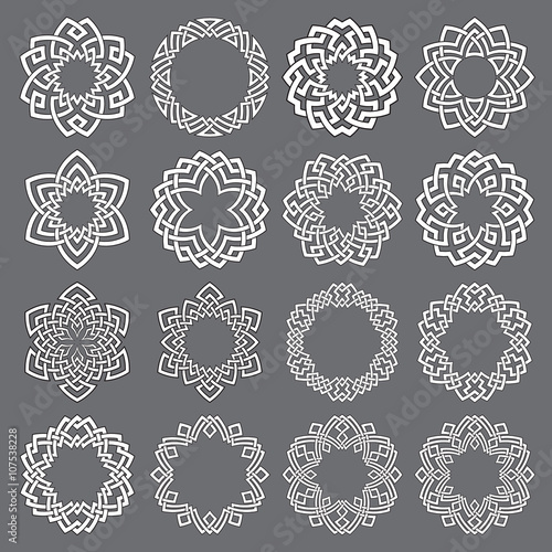 Set of round frames. Sixteen hexagonal decorative elements with stripes braiding for your logo or monogram design. Mandalas collection of white lines with black strokes on gray background.