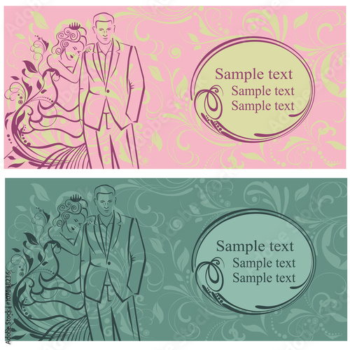 Newlyweds. Wedding invitation. Floral ornament.