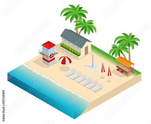 Summer travel concept. On the beach Flat 3d isometric vector illustration.
