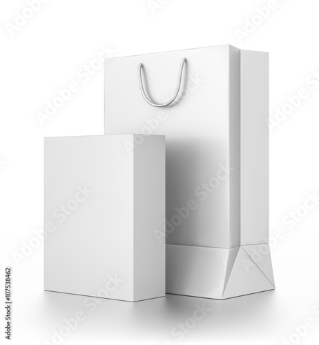 Group of white rectangle blank bag and box isolated on white background.