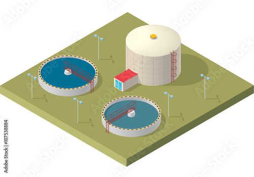 Water treatment isometric building info graphic, big bacterium purifier factory on white background. Scientific illustration. Pictogram industrial chemistry cleaner set. Flatten isolated master vector