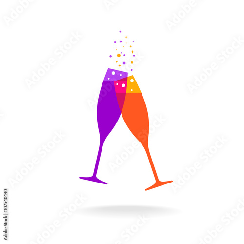 Two champagne colorful glasses with bubble sparkles. Transparenc