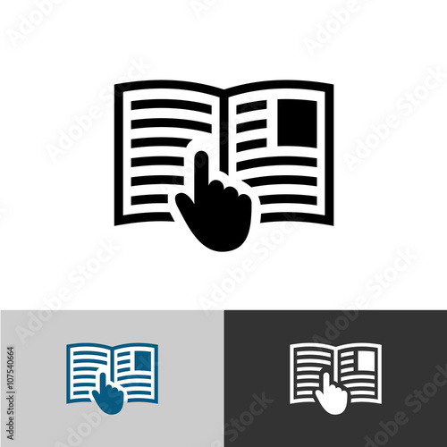 Instruction manual icon. Open book pages with text, images and h photo
