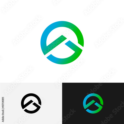 Round logo with mountain triangle profile inside. Geometric tech photo
