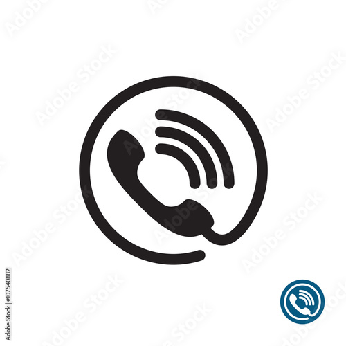 Phone black simple icon. Round with wire and sound waves symbol.
