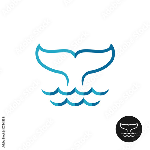 Whale tale logo with ocean waves. Blue flat colors style and bla