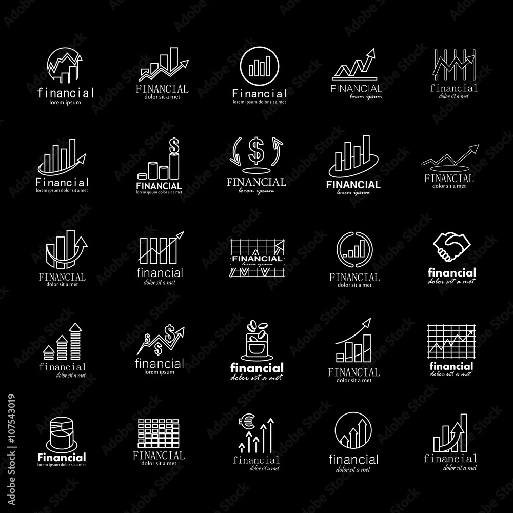 Financial Icons Set-Isolated On Black Background-Vector Illustration,Graphic Design.Collection Of Color And Abstract Icons.Different Logotype Shape.Modern Concept Logo