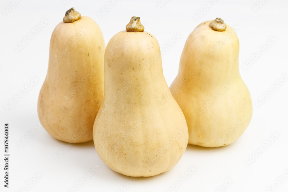 Three butternut squash fruits, on white background.