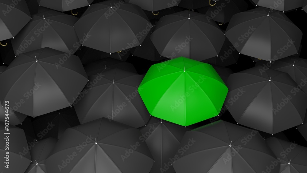 3D rendering of classic large black umbrellas tops with one green standing out. 3D rendering of classic large black umbrellas tops with one green standing out.