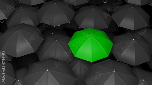 3D rendering of classic large black umbrellas tops with one green standing out.