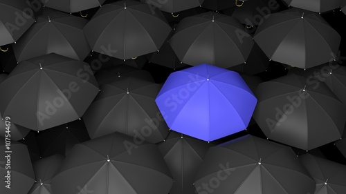 3D rendering of classic large black umbrellas tops with one blue standing out.