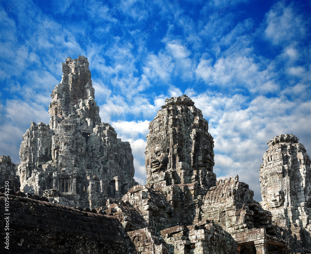 faces, heads of ancient Bayon Temple At Angkor Wat, Siem Reap, Cambodia faces, heads of ancient Bayon Temple At Angkor Wat, Siem Reap, Cambodia