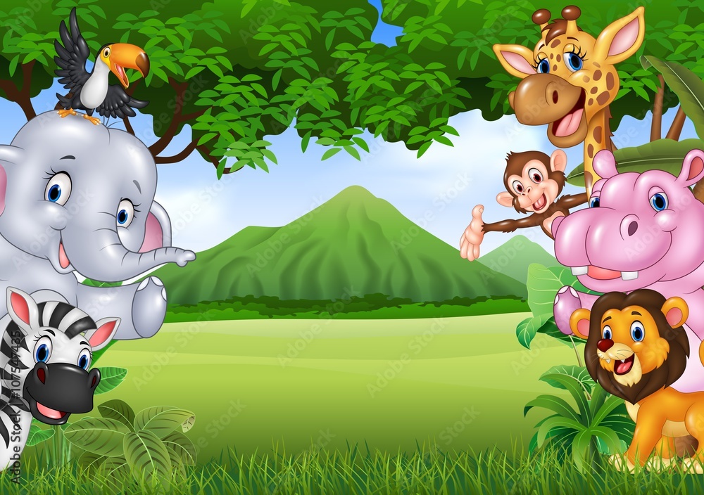 Cartoon wild animals with nature landscape background Stock Vector | Adobe  Stock
