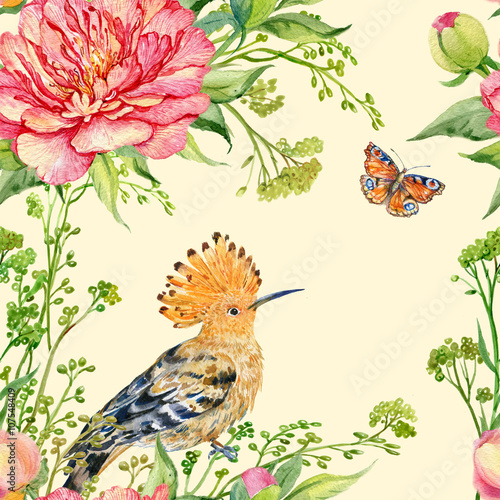 Foto seamless pattern illustration in watercolor,the hoopoe bird,butterfly,flowers