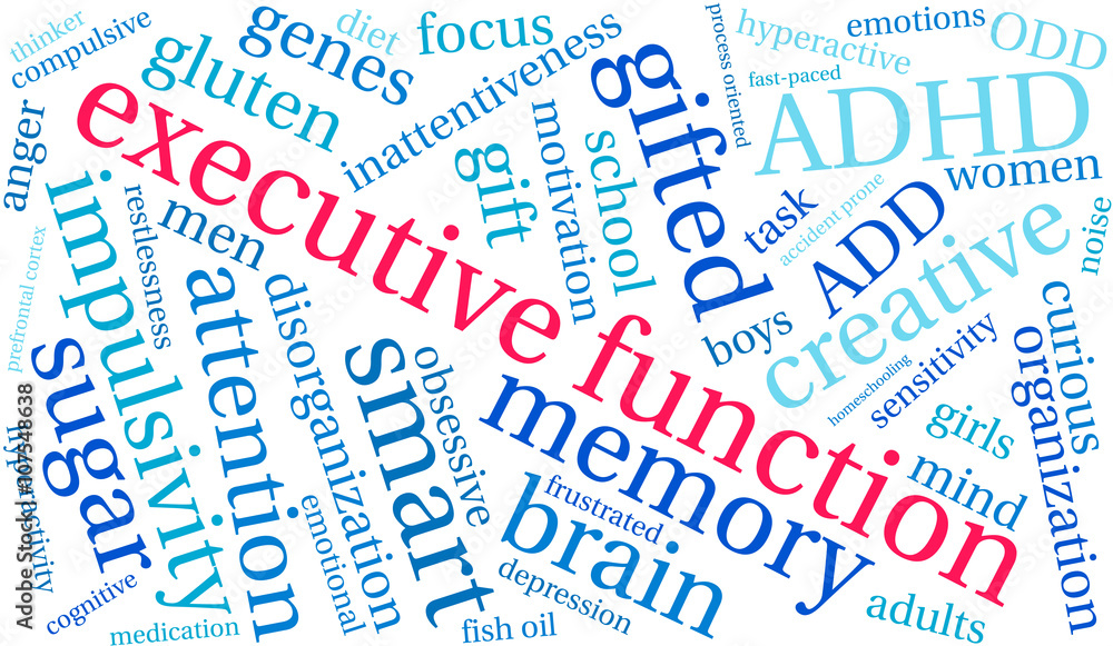 Executive Function word cloud on a white background. Executive Function word cloud on a white background.