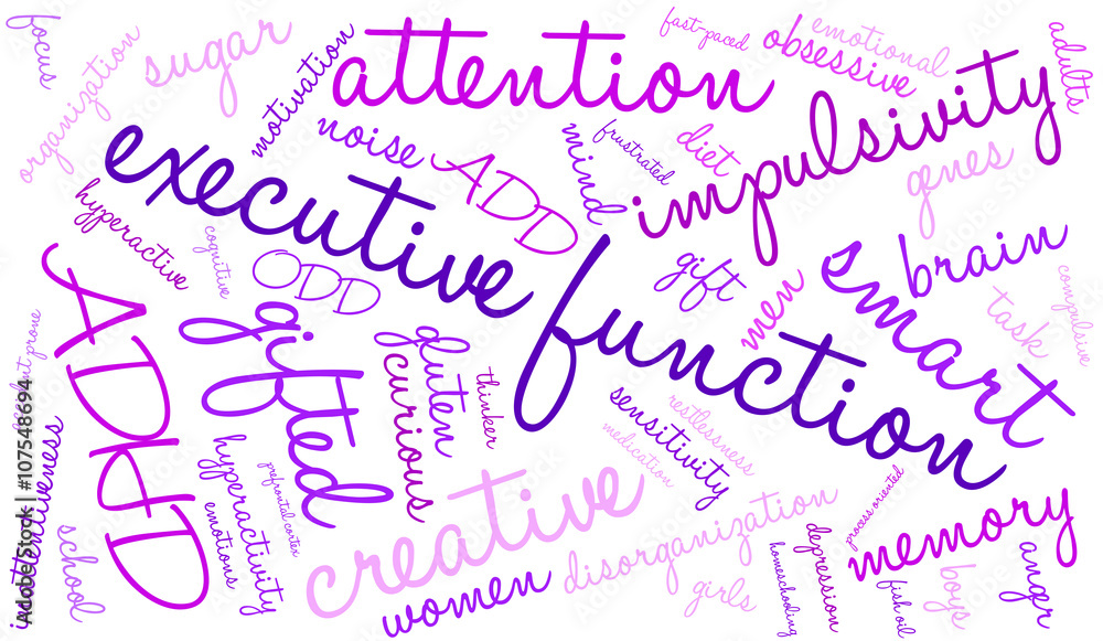Executive Function word cloud on a white background. Executive Function word cloud on a white background.