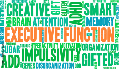 Executive Function word cloud on a white background. 