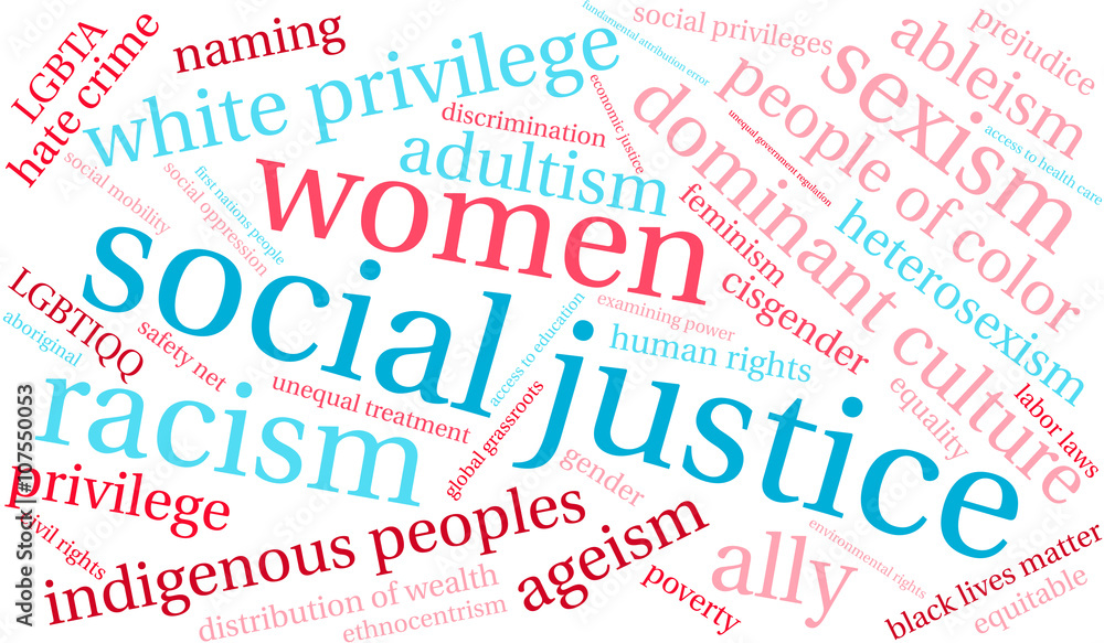 Social Justice word cloud on a white background. 