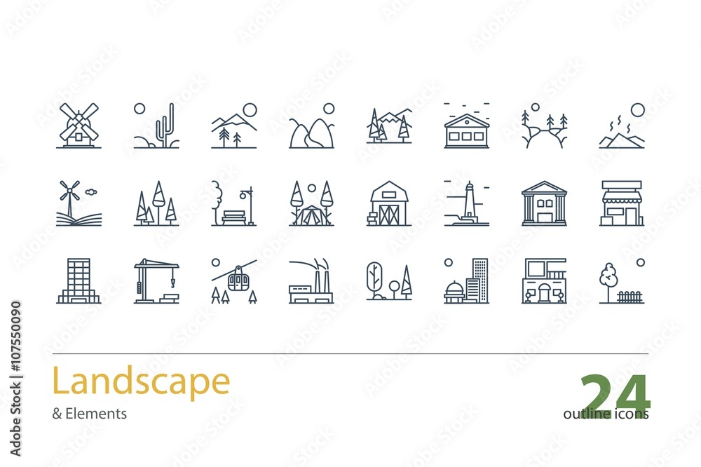 Landscape, Architecture outline icons. Stock vector.