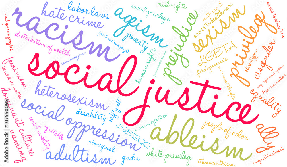 Social Justice word cloud on a white background. 