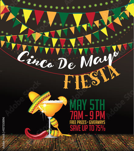 Cinco De Mayo bunting background. Cinco de Mayo ad, signage, card, invitation template. Colorful layout for Cinco de Mayo fiesta with copy space. EPS 10 vector royalty free stock illustration.