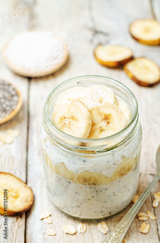 overnight oats with Greek yogurt, Chia seeds and banana