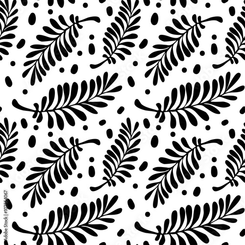 Black and white doodle leaves seamless pattern