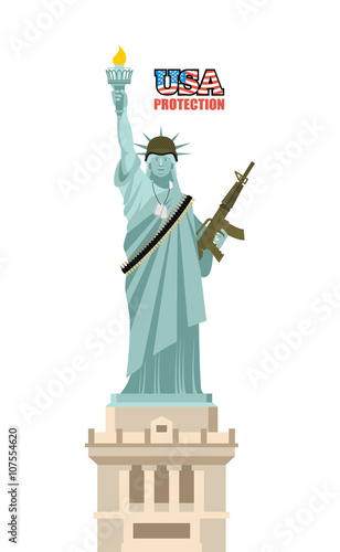 USA protection. Statue of Liberty with gun. Symbol of democracy