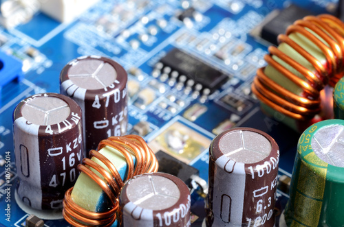 Close-up of inductors, capacitors and chips
