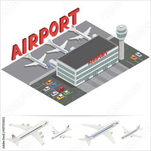 Isometric Airport Building. Airport Terminal with Planes. Travel by Airplane