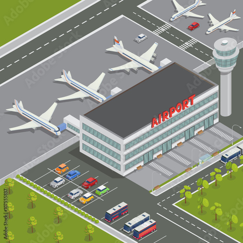 Isometric Airport Building. Airport Terminal with Planes. Travel by Airplane
